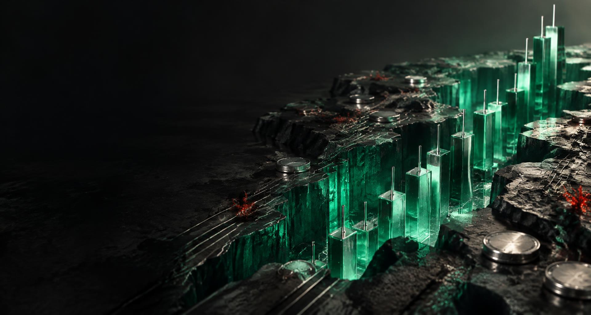 Emerald glass trading candlesticks rising from a sculpted graphite trench